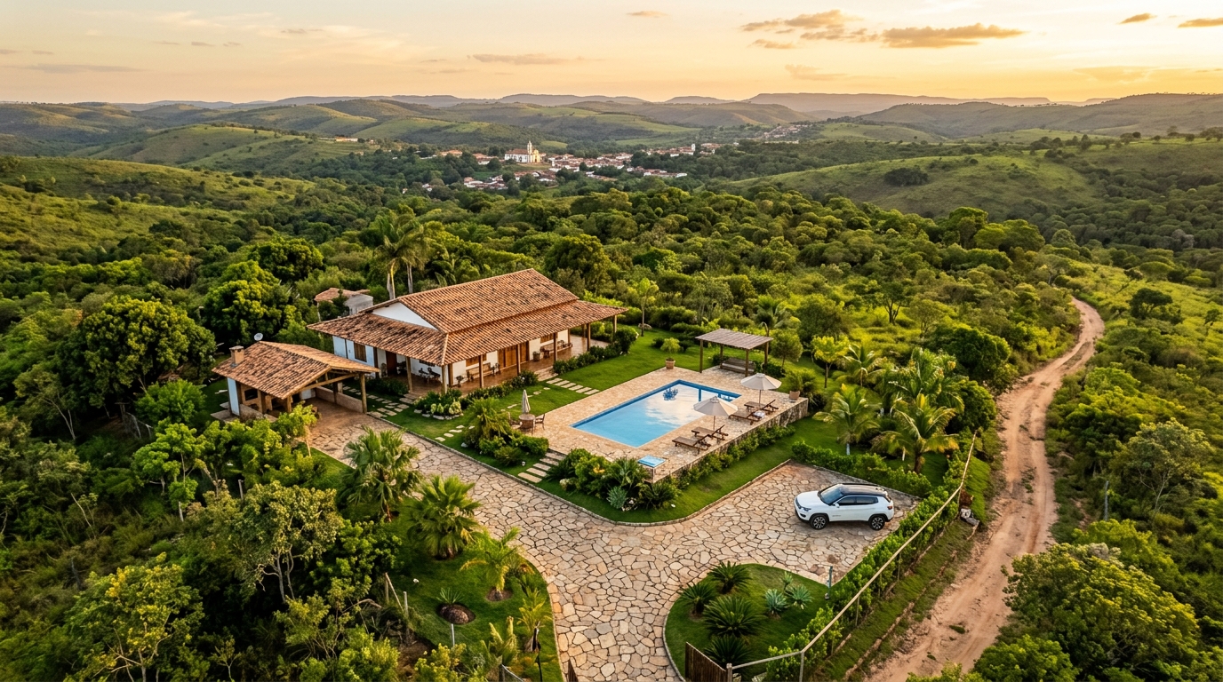 Vista aérea da chácara ao entardecer com Pirenópolis ao fundo