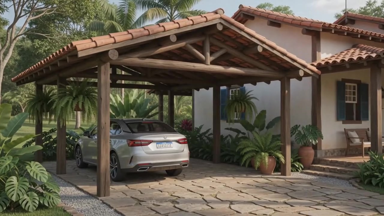 Estrada de acesso e garagem coberta da chácara
