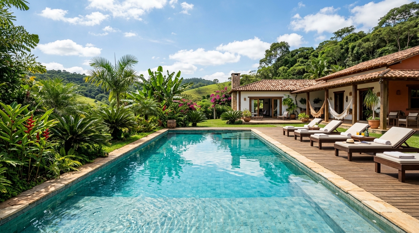 Piscina com espreguiçadeiras e jardim tropical